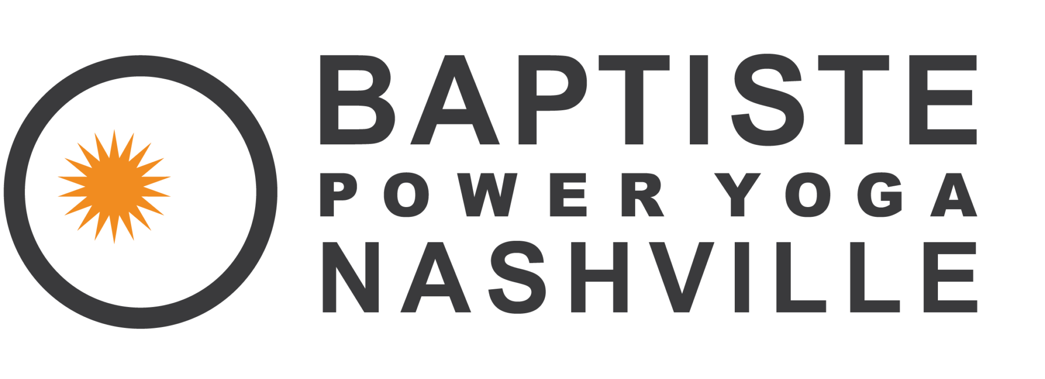 Logo for Baptiste Power Yoga Nashville, featuring an orange sunburst symbol and the business name in black text.