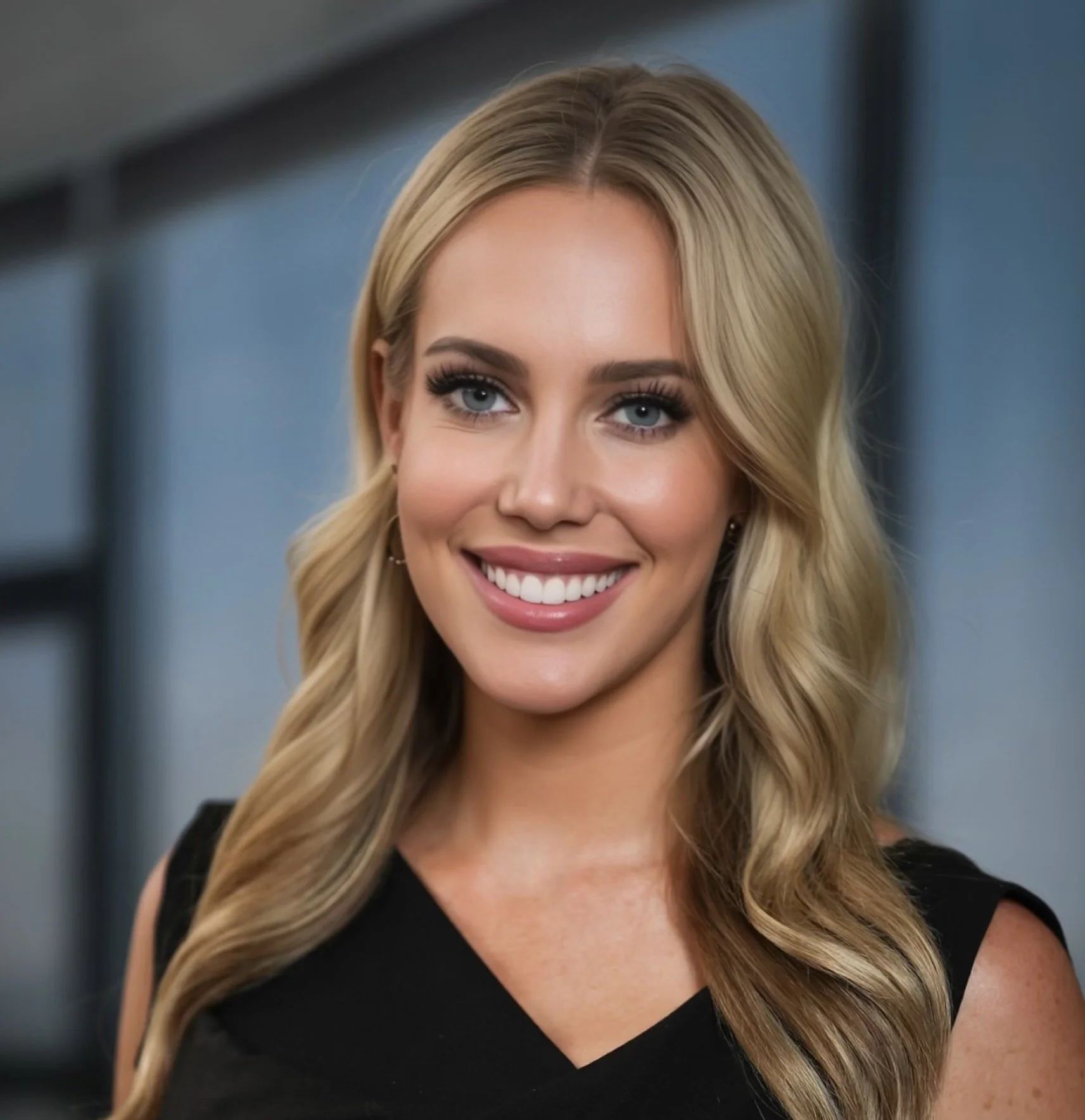 A smiling woman with long wavy blonde hair, wearing a black top, standing in a modern indoor setting.