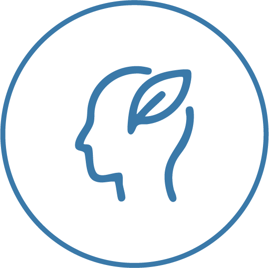 Blue outline of a woman's face with a leaf inside her head, inside a circle.