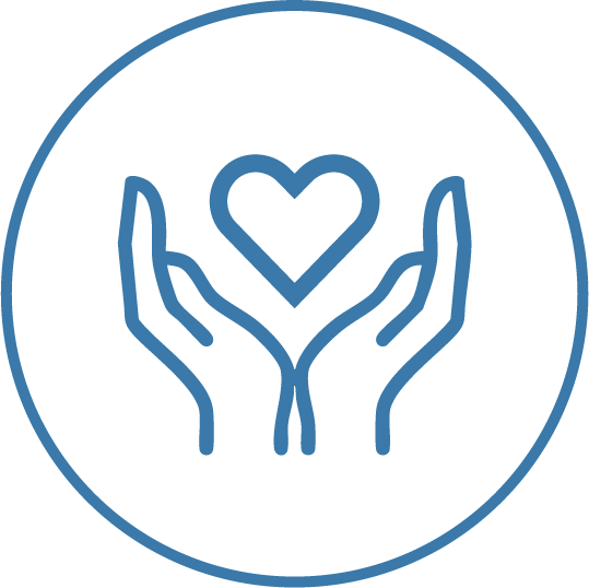 Outline of two hands holding a heart inside a circle.