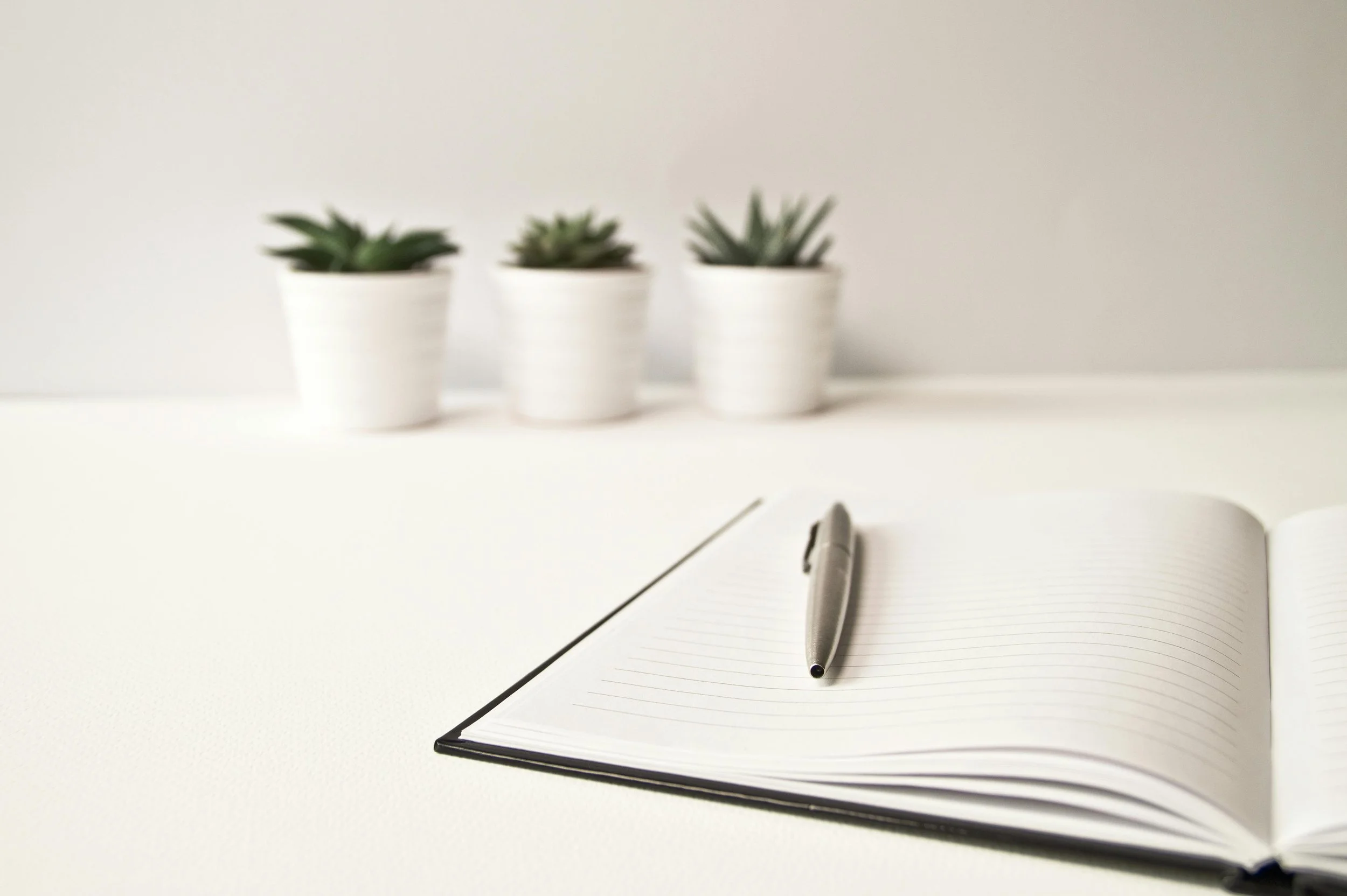 An open notebook with a pen resting on top, and three small potted succulents in white pots in the background on a white surface.