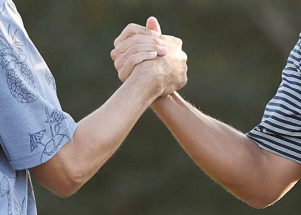 Two people clasp hands in a friendly handshake, outdoors.