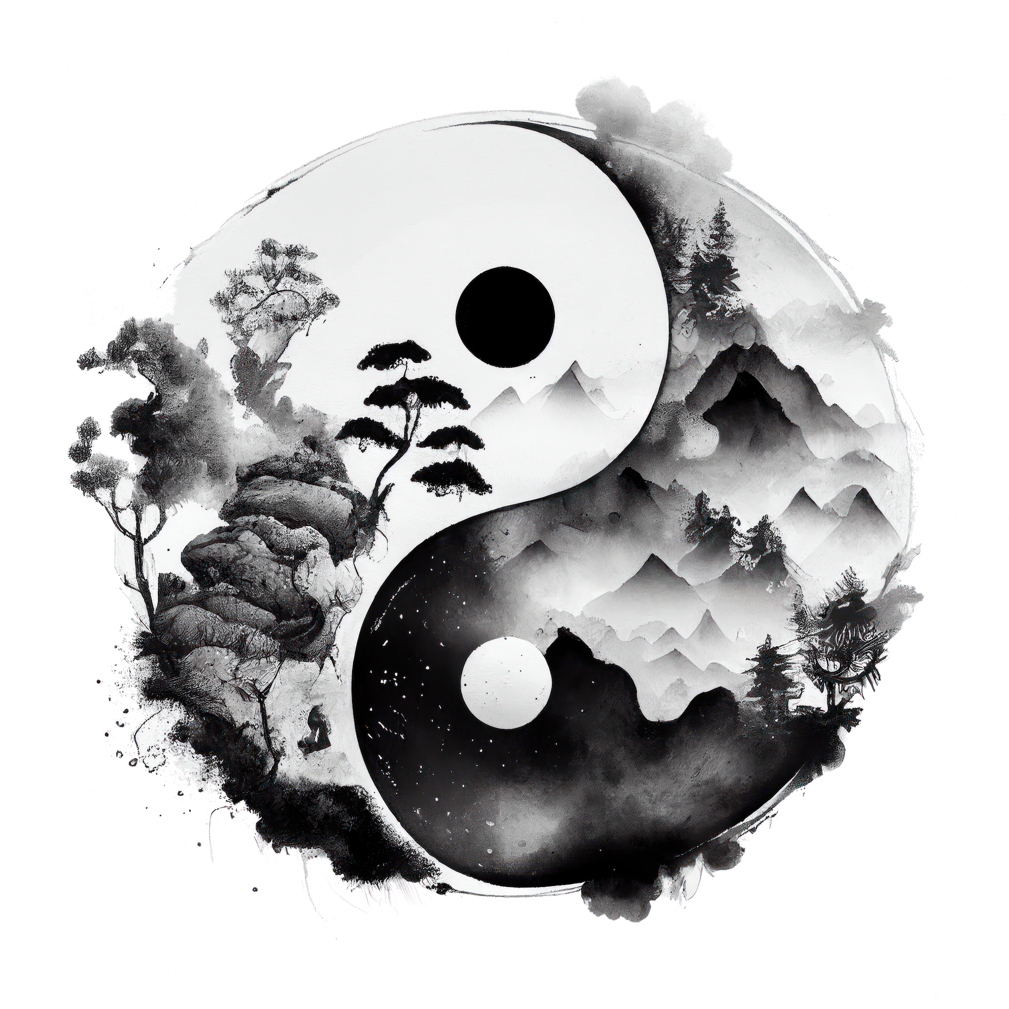 Black and white tattoo-style yin-yang symbol with landscape elements including mountains, trees, and the moon.