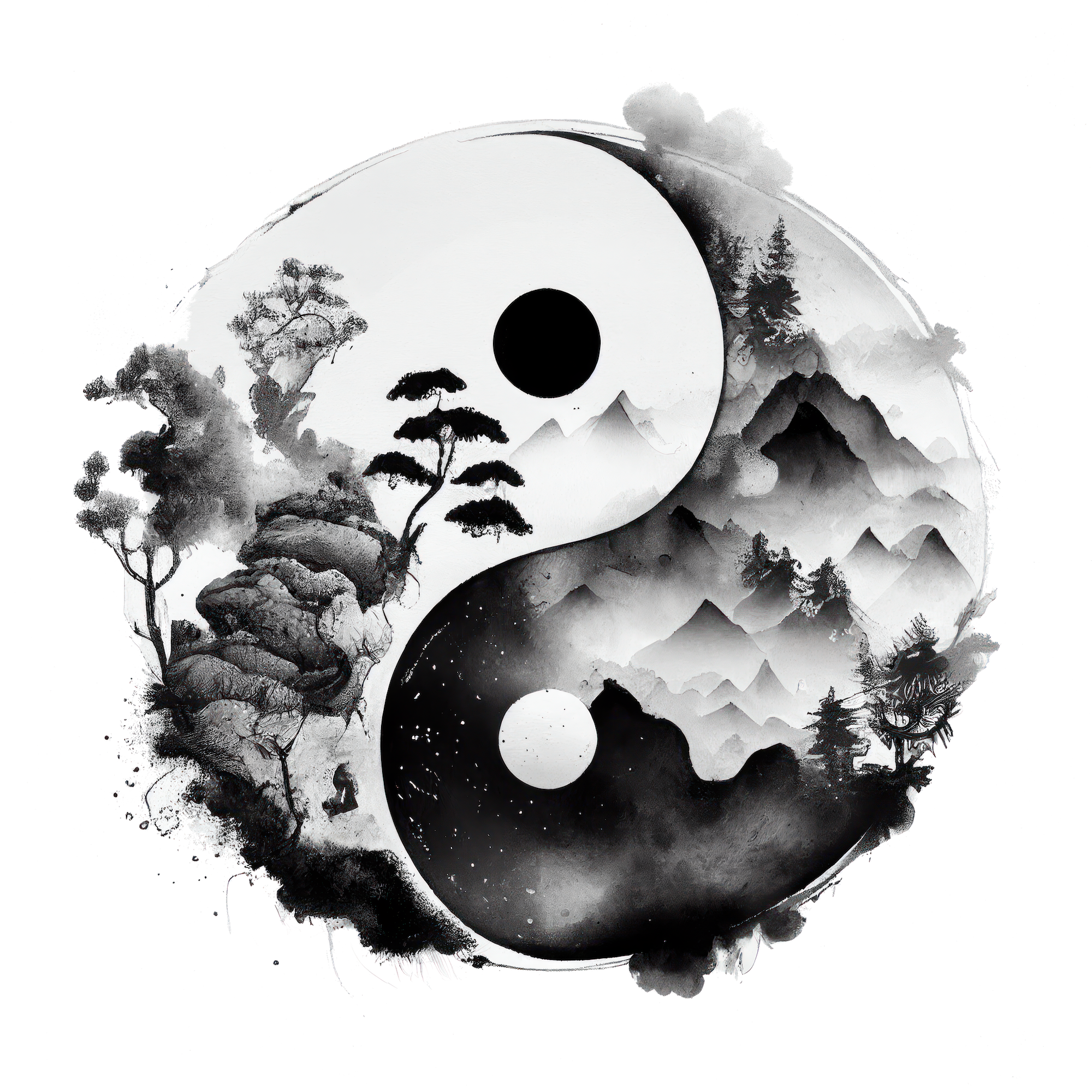A black and white ink-style illustration of a yin-yang symbol contains mountains, trees, and a moon within each half, blending traditional Asian landscape art with spiritual symbolism.