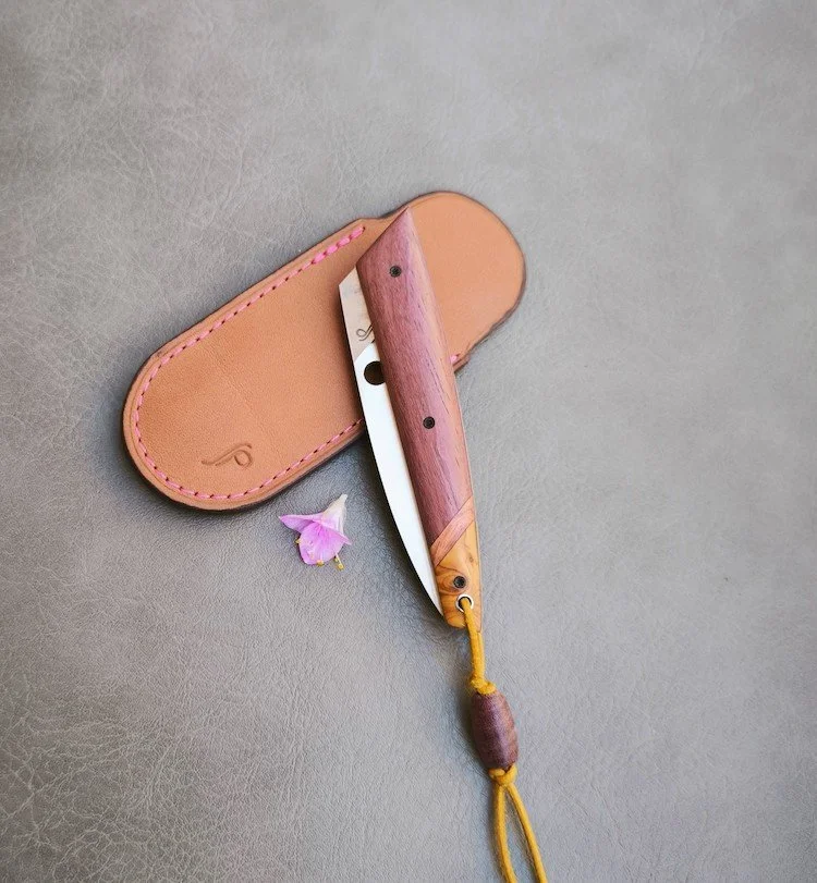 Folding handmade knife by Pascale Sabaté, member of SHE BLADES with leather etui