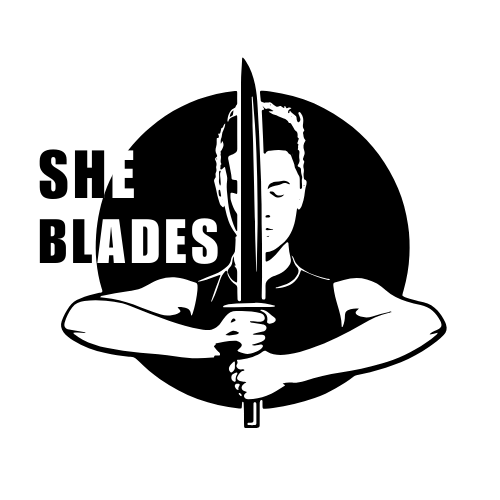 Illustration of a woman holding a large sword vertically in front of her face, with bold text that reads 'SHE BLADES' beside her.