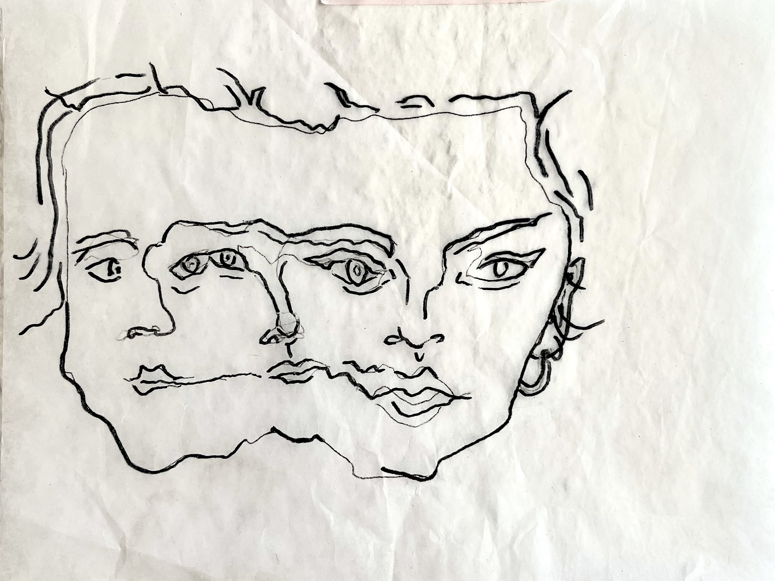 Line drawing of three woman's faces overlapping on crumpled white paper.
