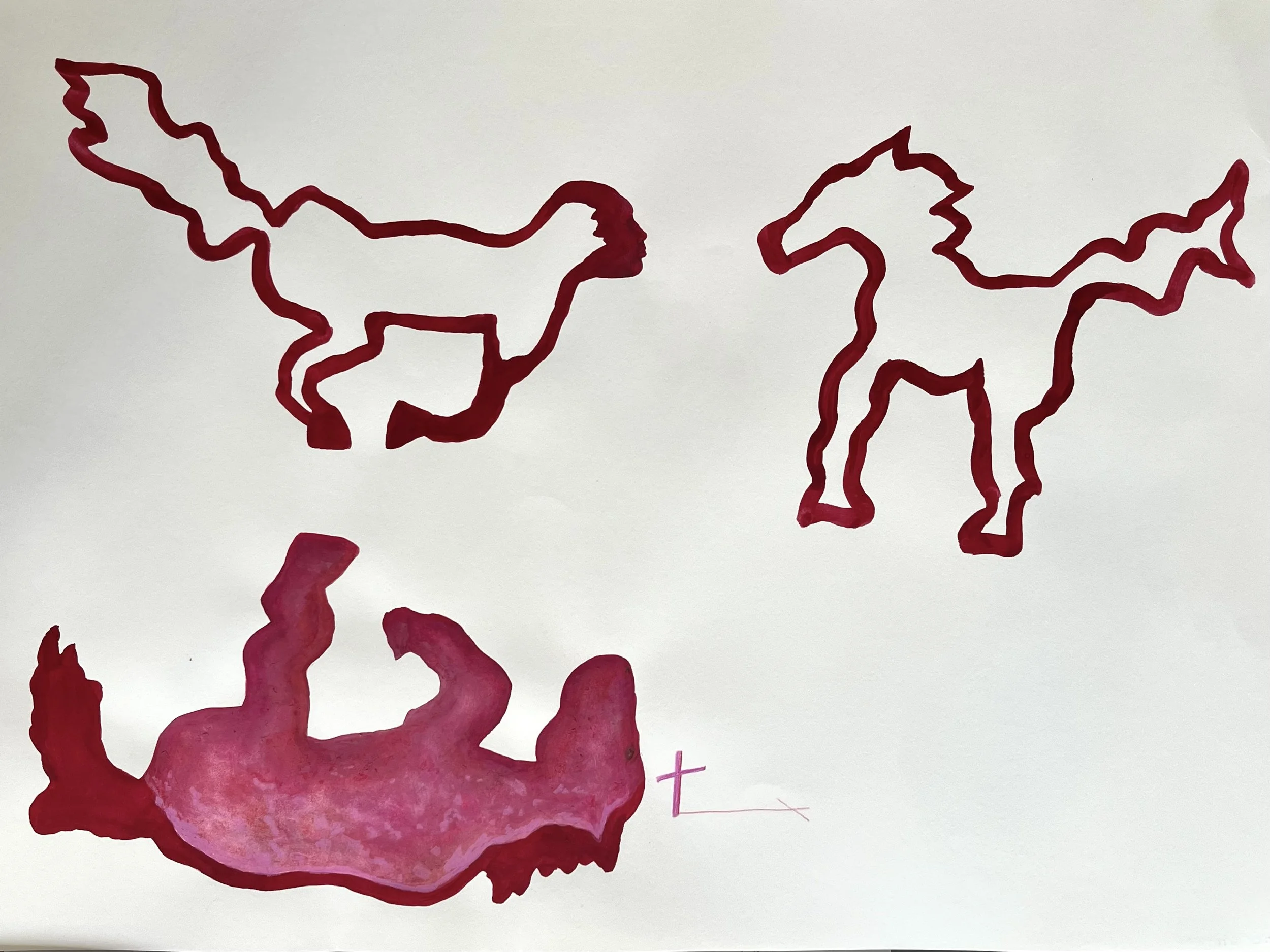 Drawings of three horselike figures painted in red and pink on white paper.