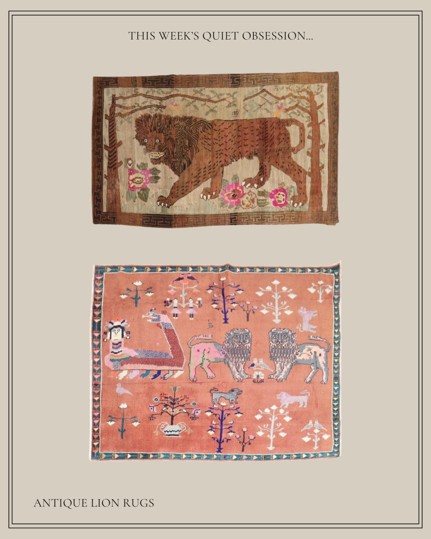 Can we take a moment to appreciate the sheer majesty of these antique lion rugs? 

Just imagine walking into a room and being greeted by a regal lion, woven into a tapestry of colors and textures. It&rsquo;s like having a little piece of history loun