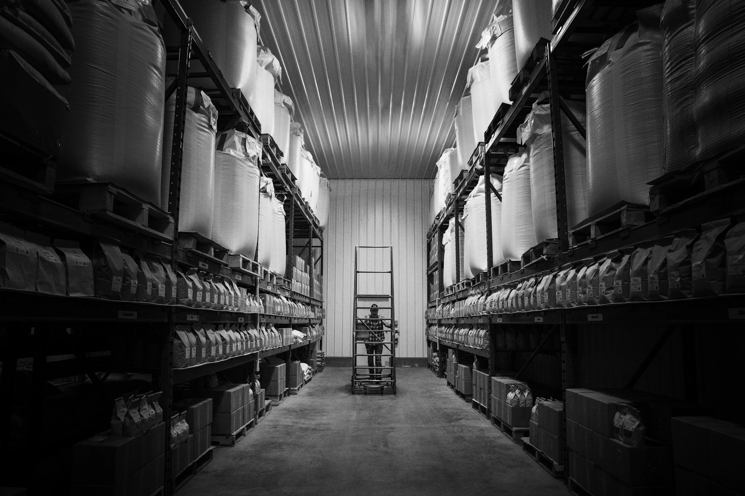A person standing on a ladder in a warehouse aisle, surrounded by tall metal shelves loaded with large bags and boxes.