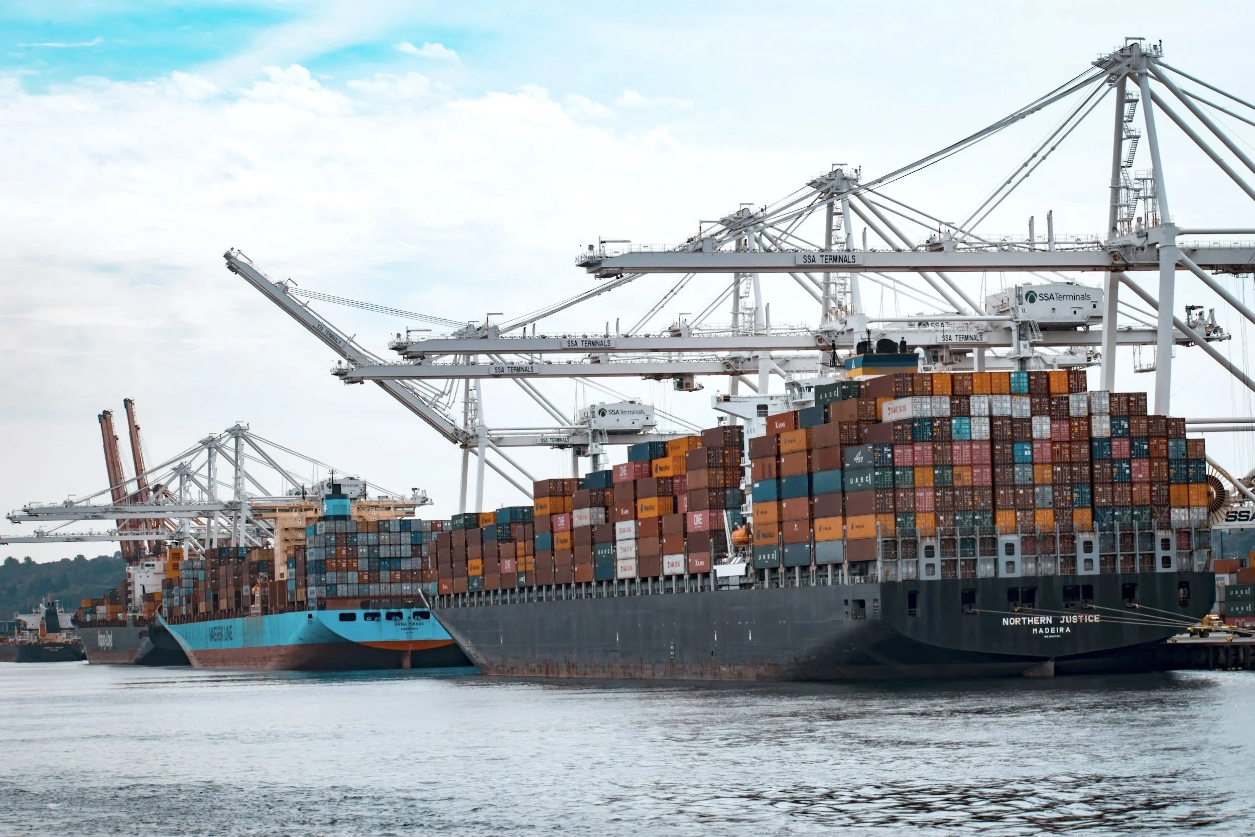 Cargo ships docked at a port with large cranes loading and unloading shipping containers.