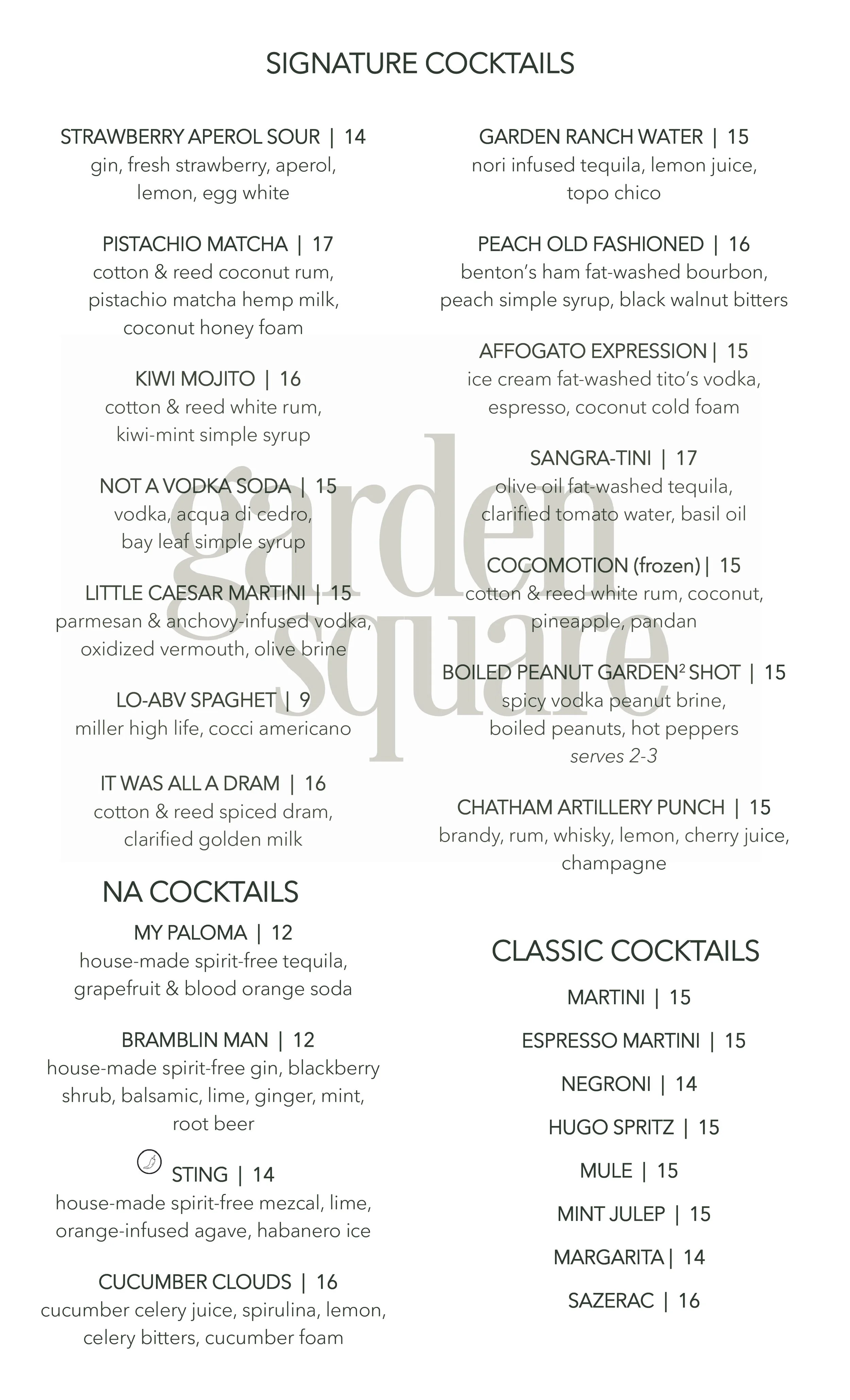 Cocktail menu for Garden Square in Savannah, Georgia.