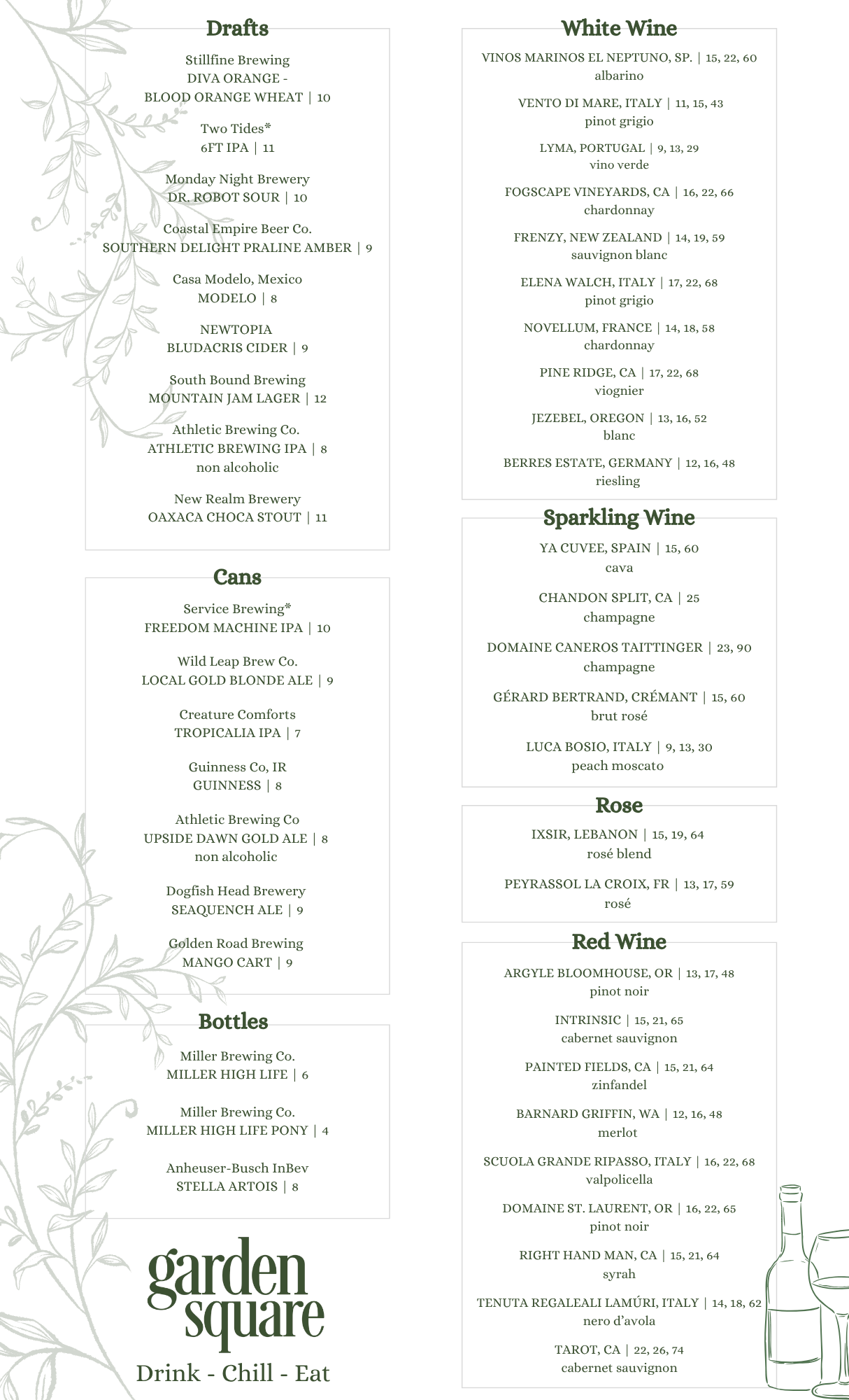 A wine menu divided into sections for drafts, cans, bottles, white wine, sparkling wine, rose, and red wine, listing different varieties and prices, with a decorative leaf border and a small illustration of wine bottles in the bottom right corner.