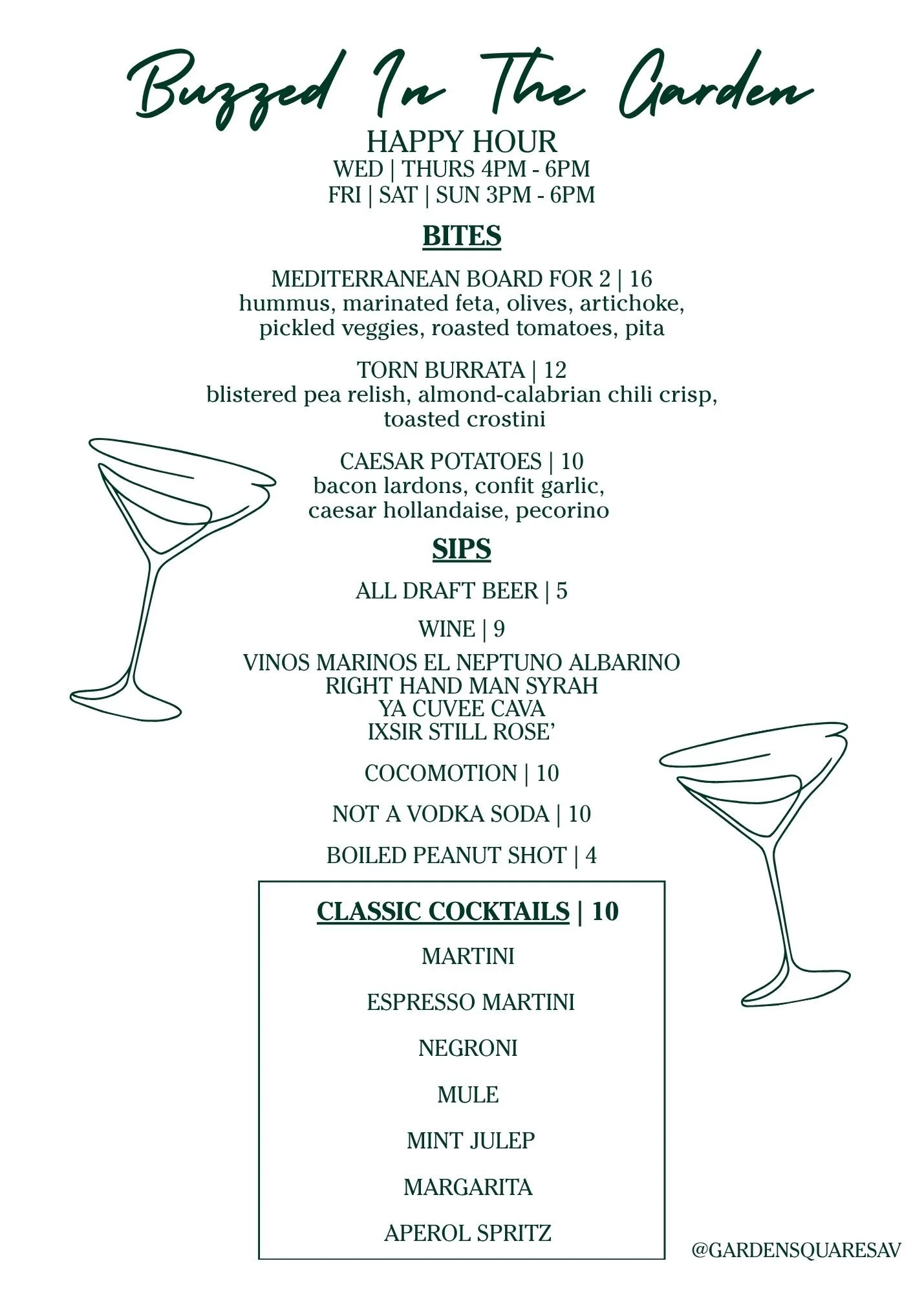 Menu titled 'Buzzed In The Garden' with sections for happy hour, bites, drinks, and classic cocktails. Features illustrations of martini glasses and lists various food and drink options.