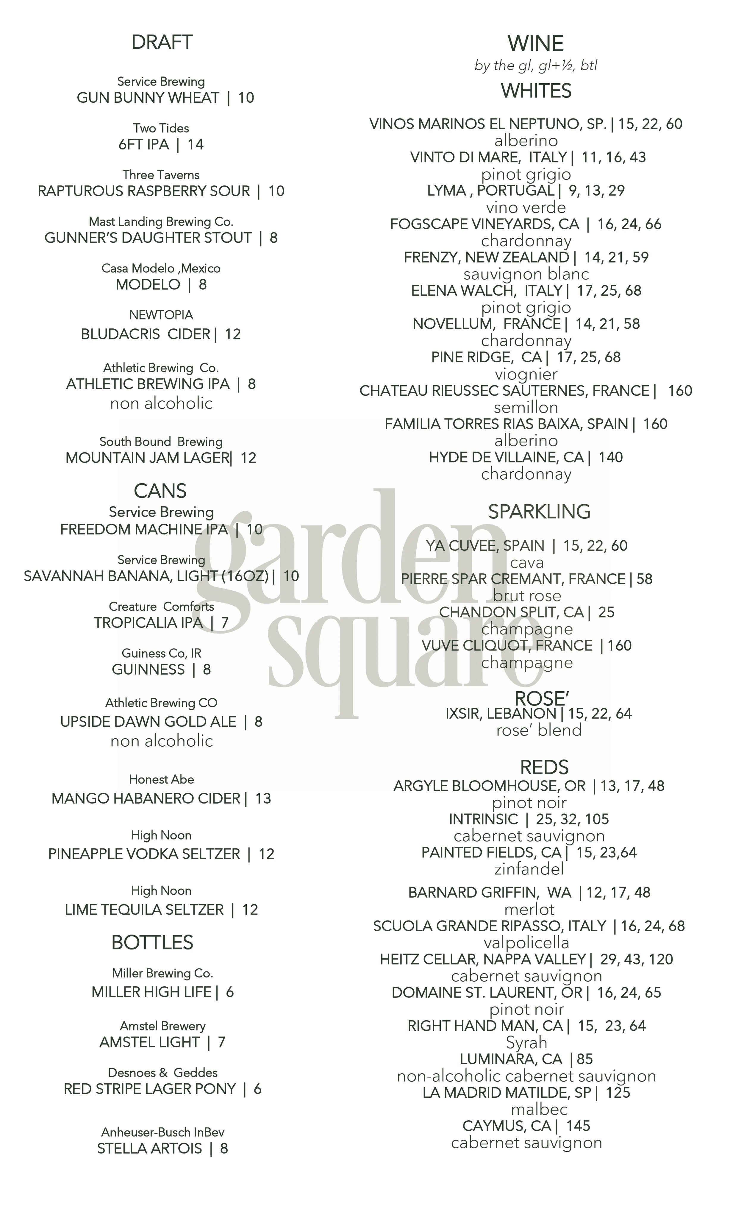 Wine and beer menu for Garden Square in Savannah, Georgia.