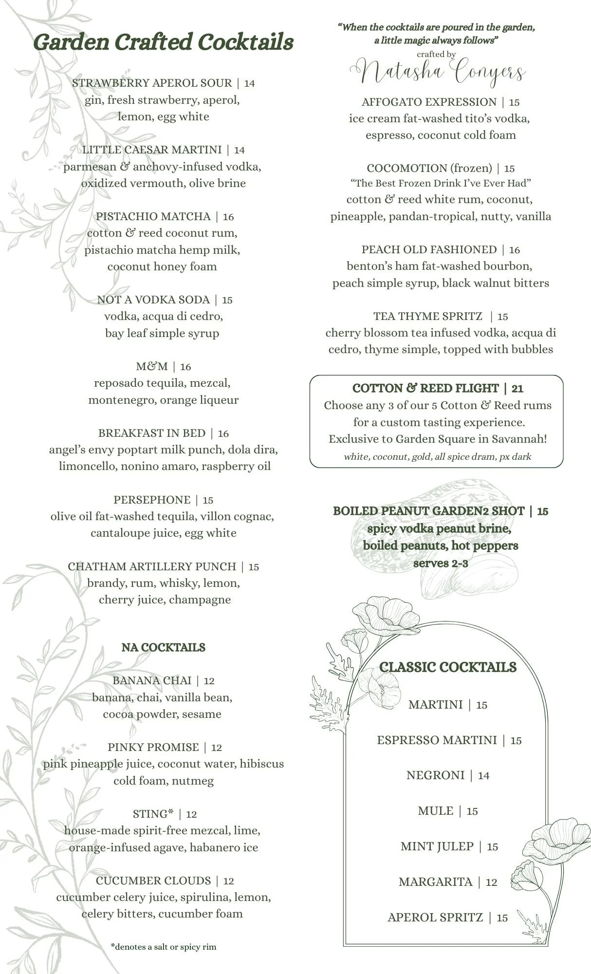 Menu page titled 'Garden Crafted Cocktails' with sections for cocktails, NA cocktails, and classic cocktails, listing drink names, ingredients, and prices, with decorative floral illustrations.