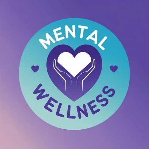 A circular logo with purple and teal colors, featuring the words "MENTAL WELLNESS" and an icon of hands holding a heart.