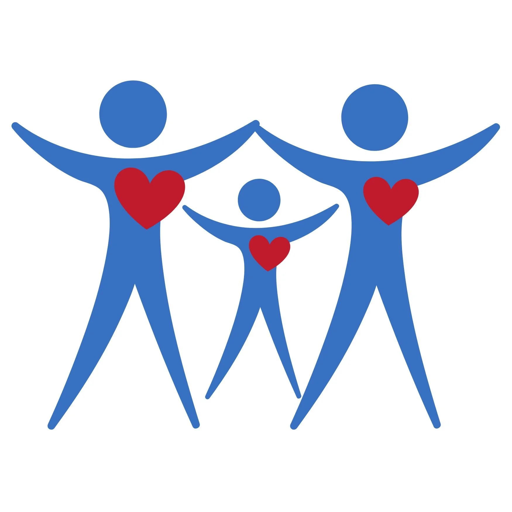 Illustration of a family of three with blue figures and red hearts on their chests, holding hands in a joyful pose.