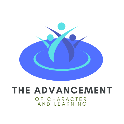 Logo with three abstract human figures jumping inside a blue circular shape, with the text "The Advancement of Character and Learning" below.