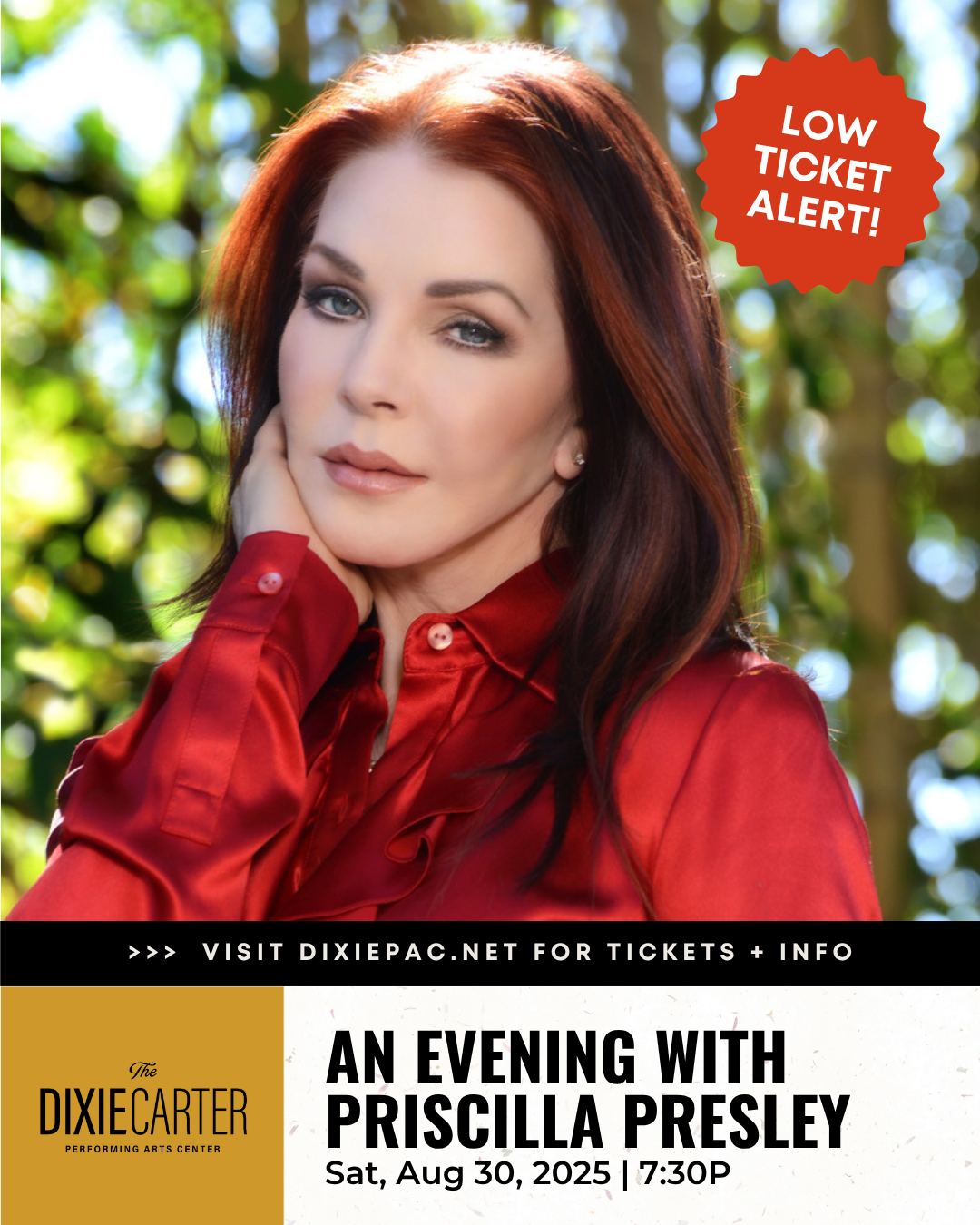event promotion graphic for An Evening with Priscilla Presley live appearance at Dixie PAC