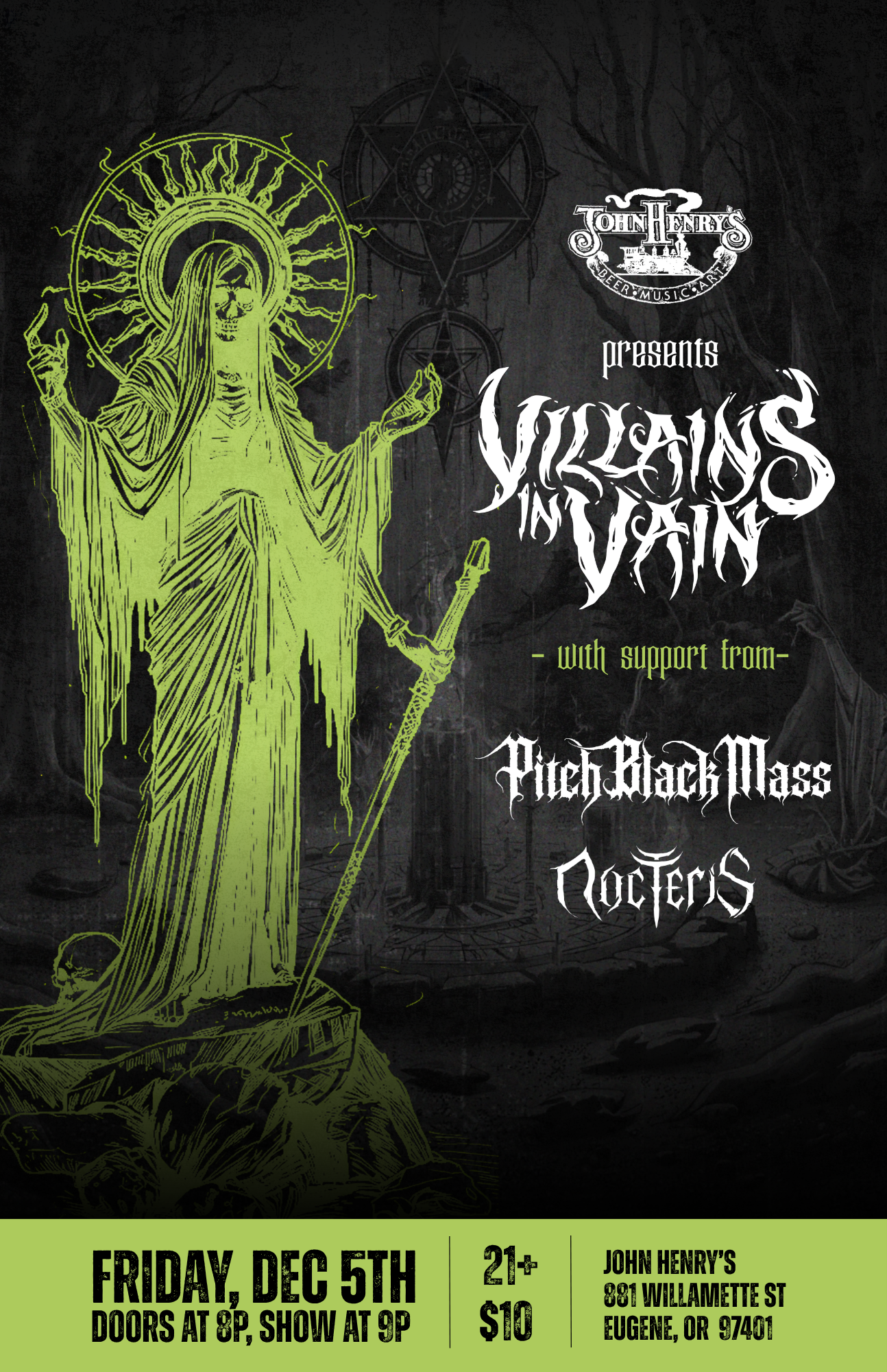 concert poster design for metal bands Villians in Vein Pitch Black Mass and Nocteris live show promotion