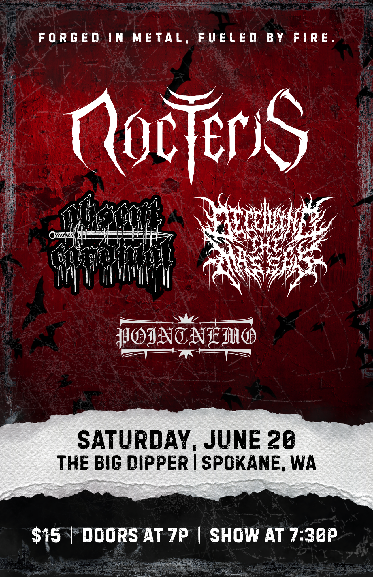 live music poster design for metal show featuring Nocteris and supporting bands in Spokane Washington