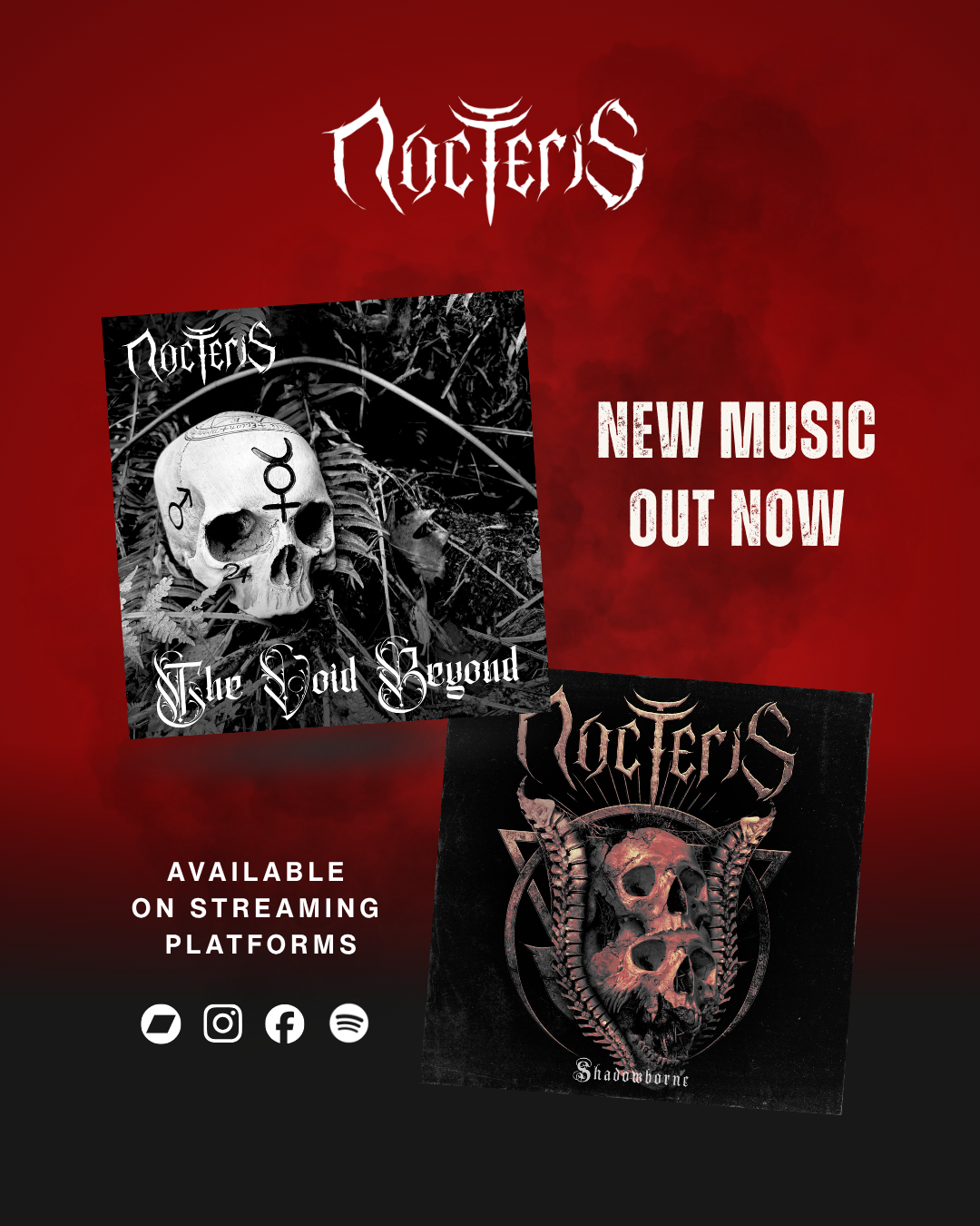 social media graphic promoting new music release for metal band Nocteris on streaming platforms