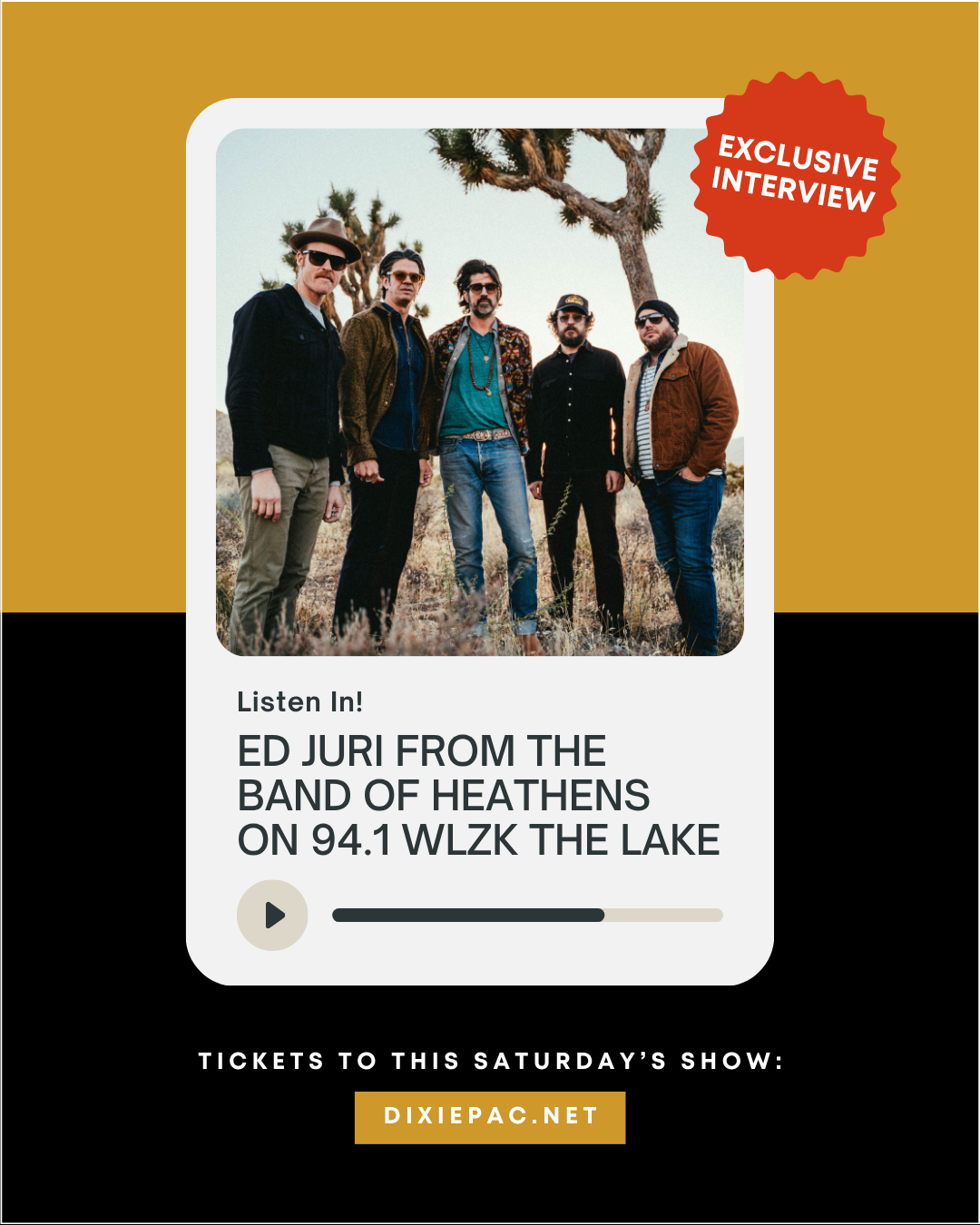 social media graphic promoting Band of Heathens interview on 94.1 WZLK The Lake for Dixie PAC