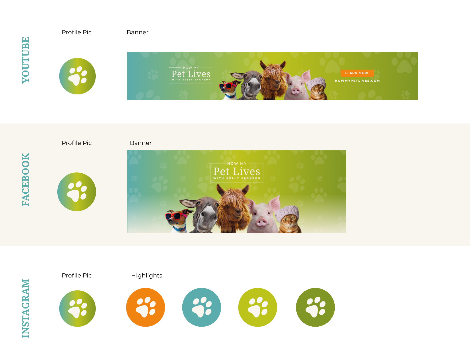 social media branding and platform assets for television show How My Pet Lives including YouTube Facebook and Instagram design