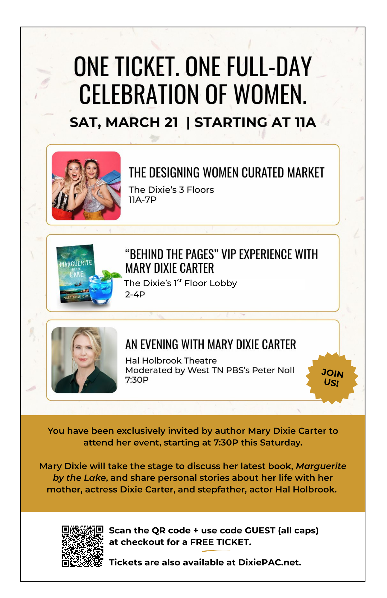 event marketing flyer design for women’s event and author appearance featuring Mary Dixie Carter at Dixie PAC