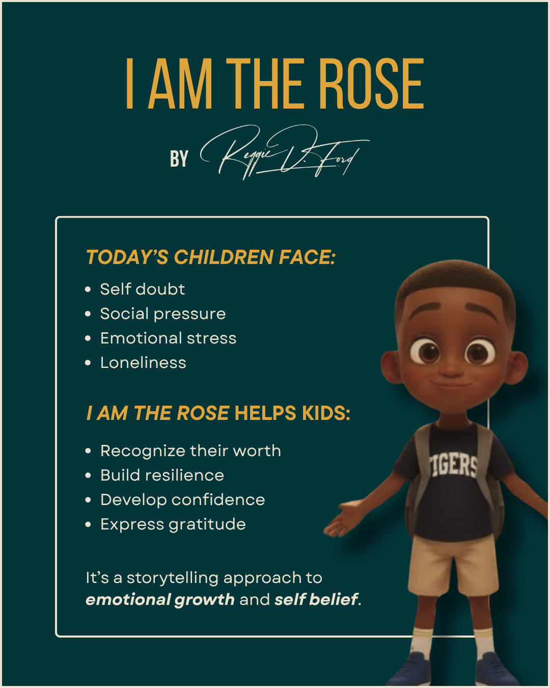 informational social media design outlining children’s book themes and benefits I Am the Rose
