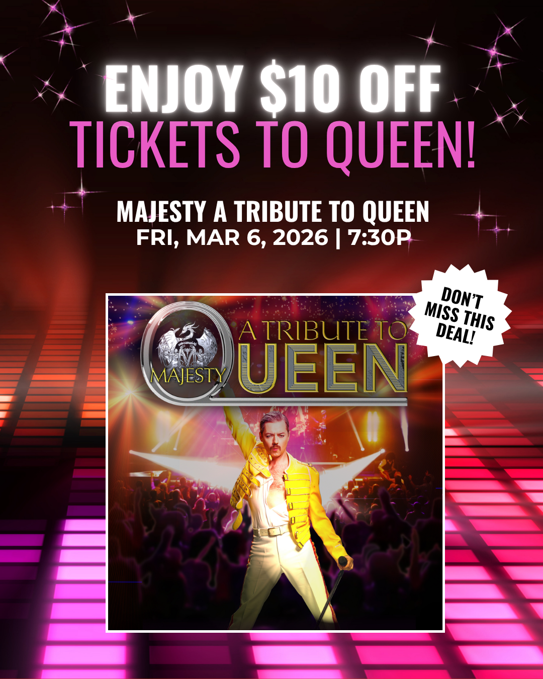 event promotion design for Majesty A Tribute to Queen live show at Dixie PAC
