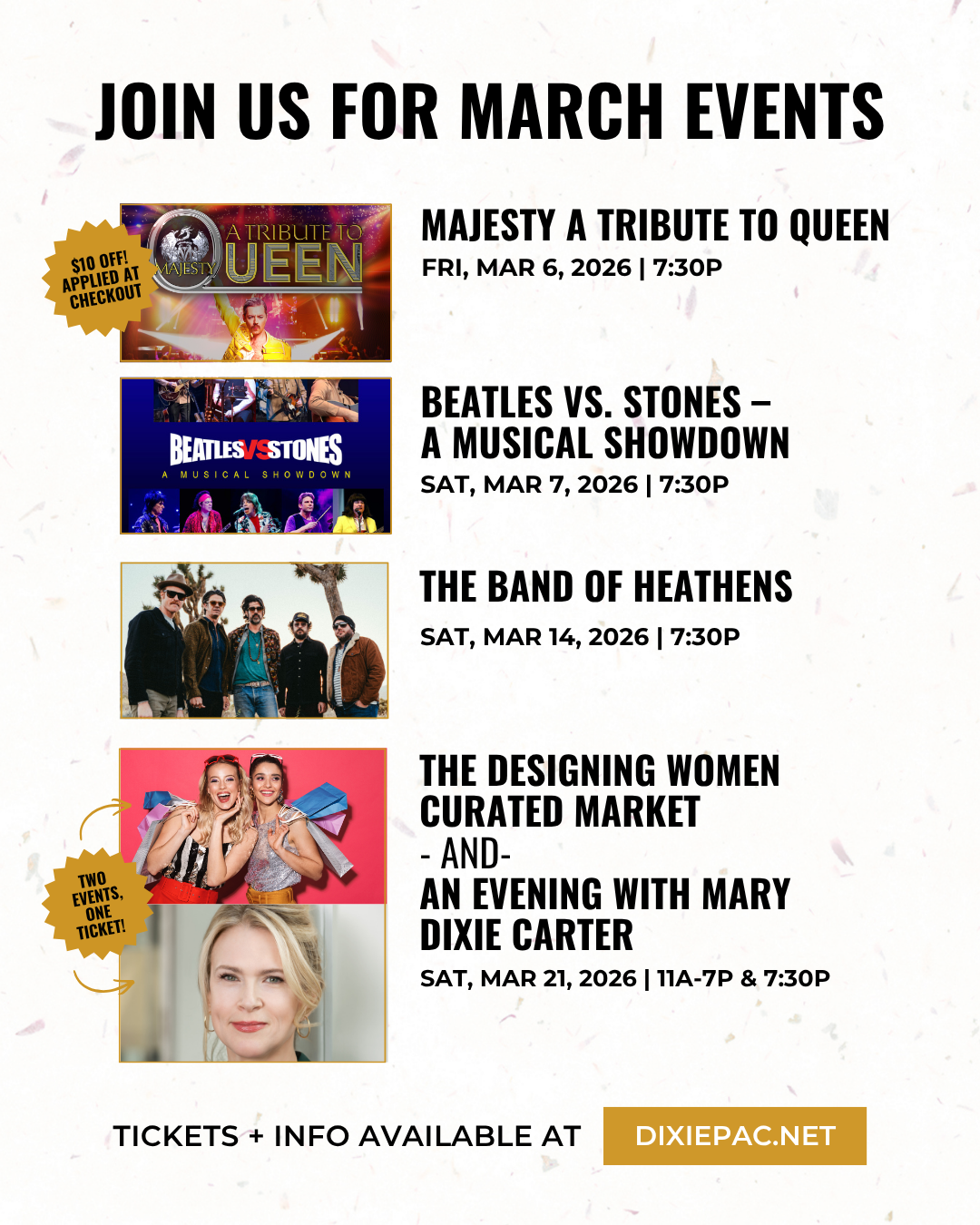 performing arts center promotional graphic for multiple events