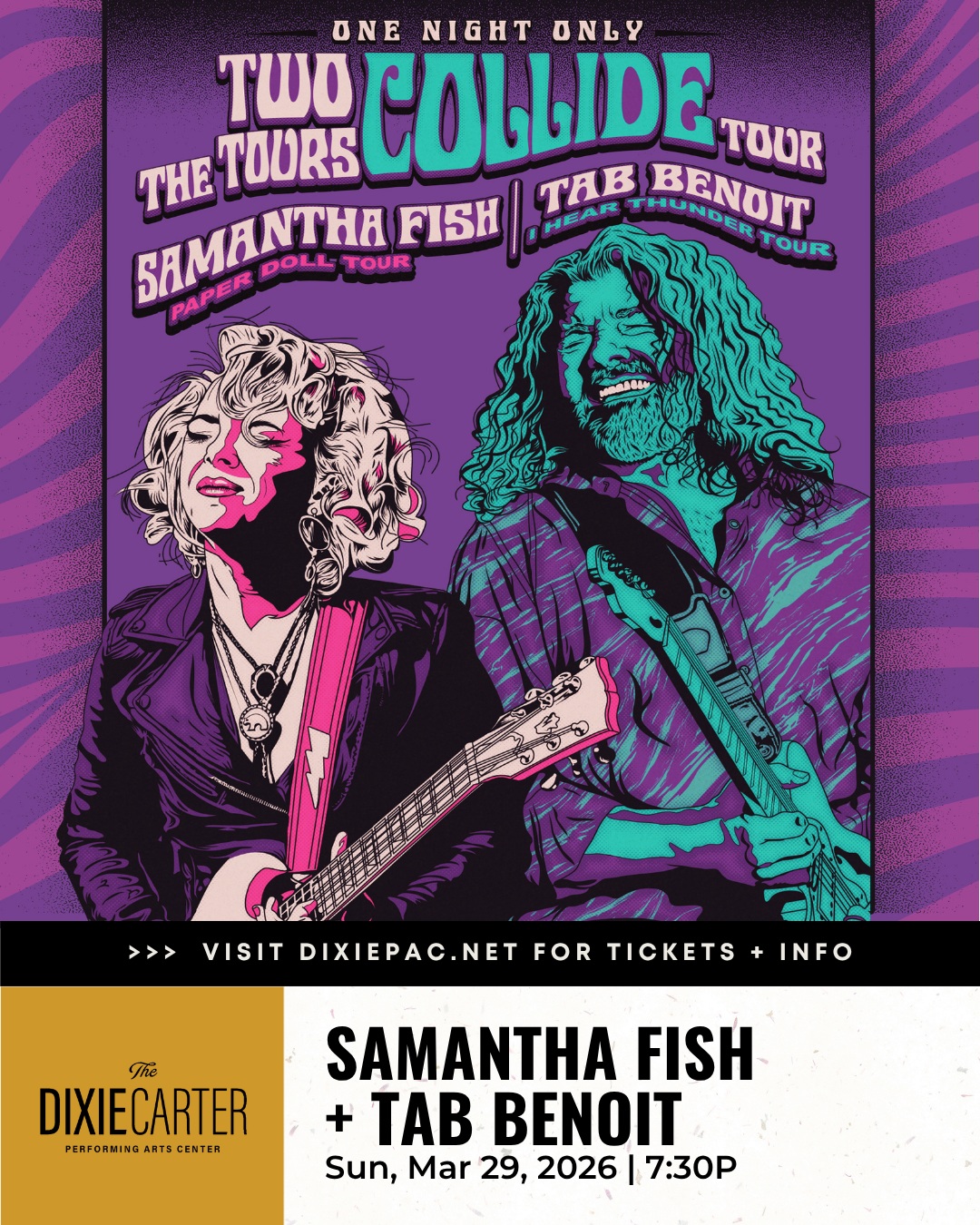 concert poster design for Samantha Fish and Tab Benoit live performance at Dixie PAC