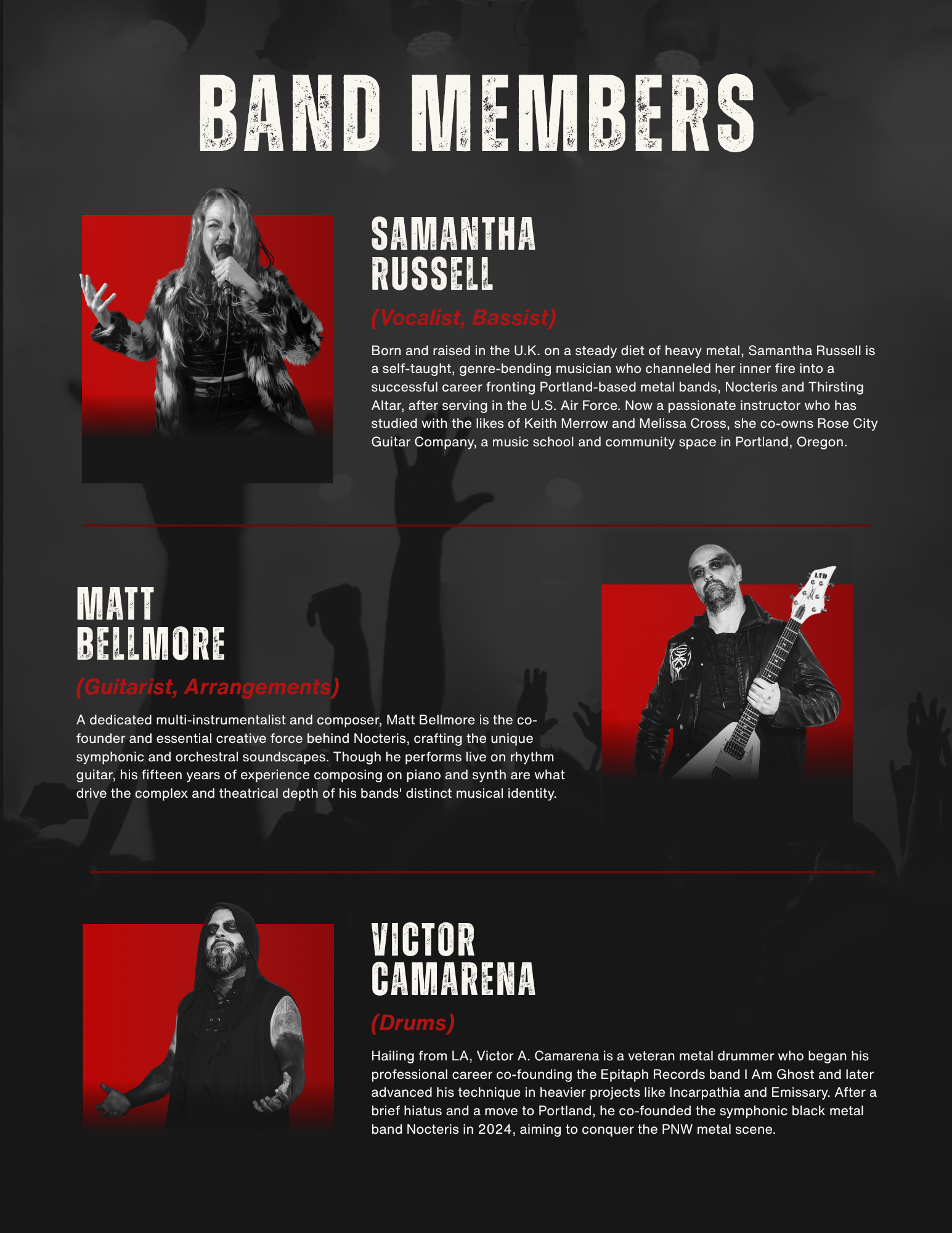 electronic press kit design featuring band members and bios for metal band Nocteris