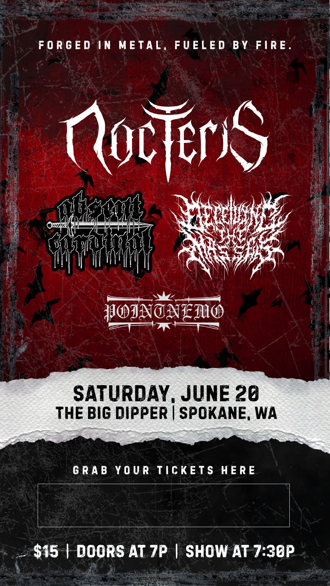 vertical story graphic for concert poster design for metal show featuring Nocteris live in Spokane Washington