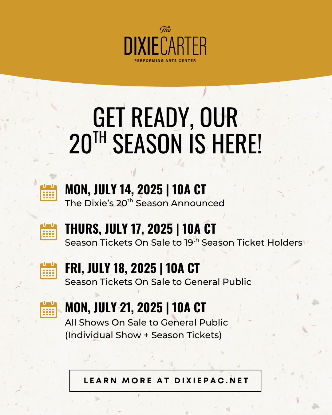 promotional graphic announcing Dixie PAC 20th season lineup and ticket release dates