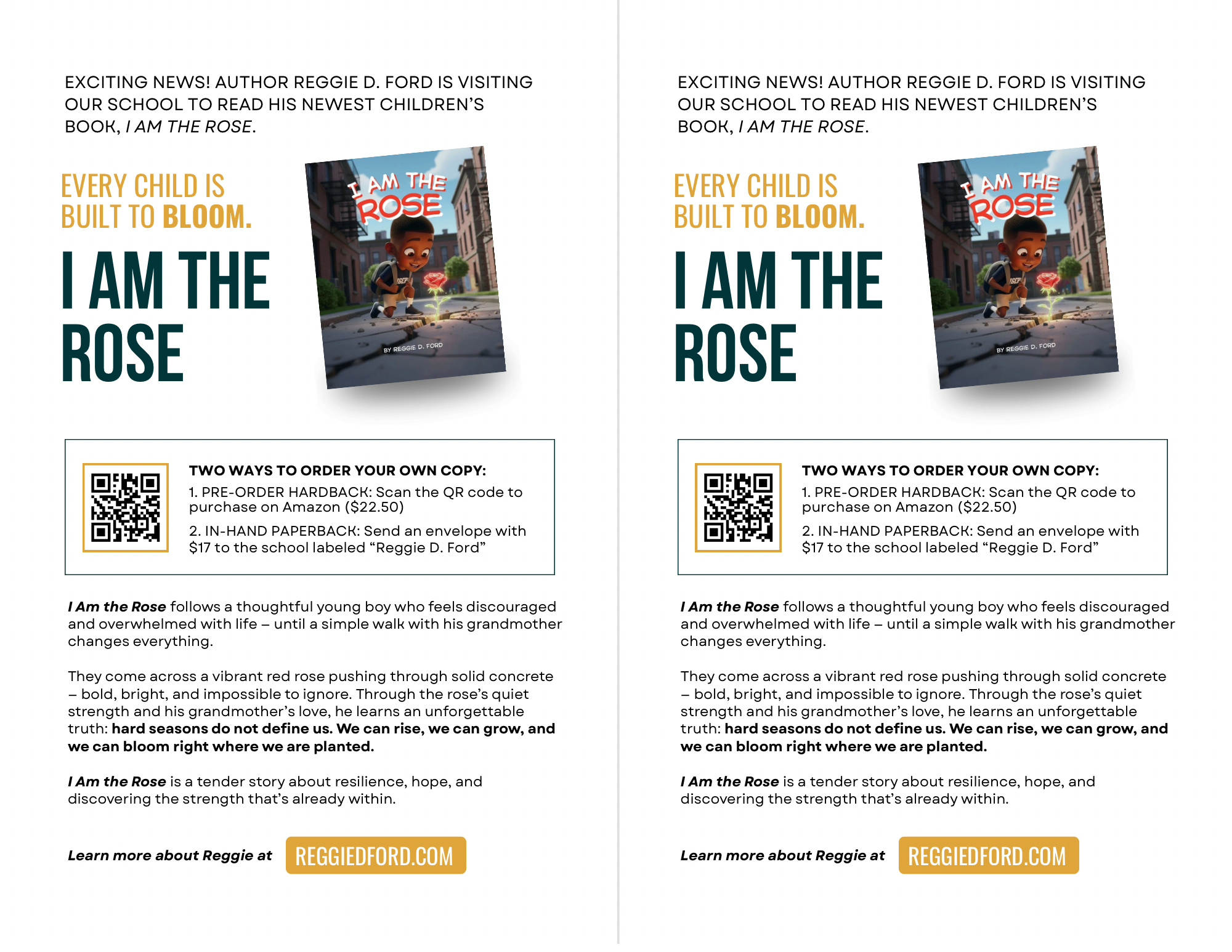 print design and school handout for children’s book promotion I Am the Rose by Reggie D Ford