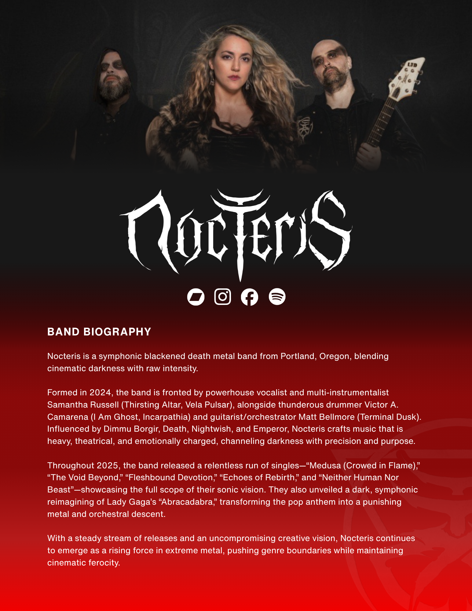 EPK design and band biography layout for metal band Nocteris used for press and booking