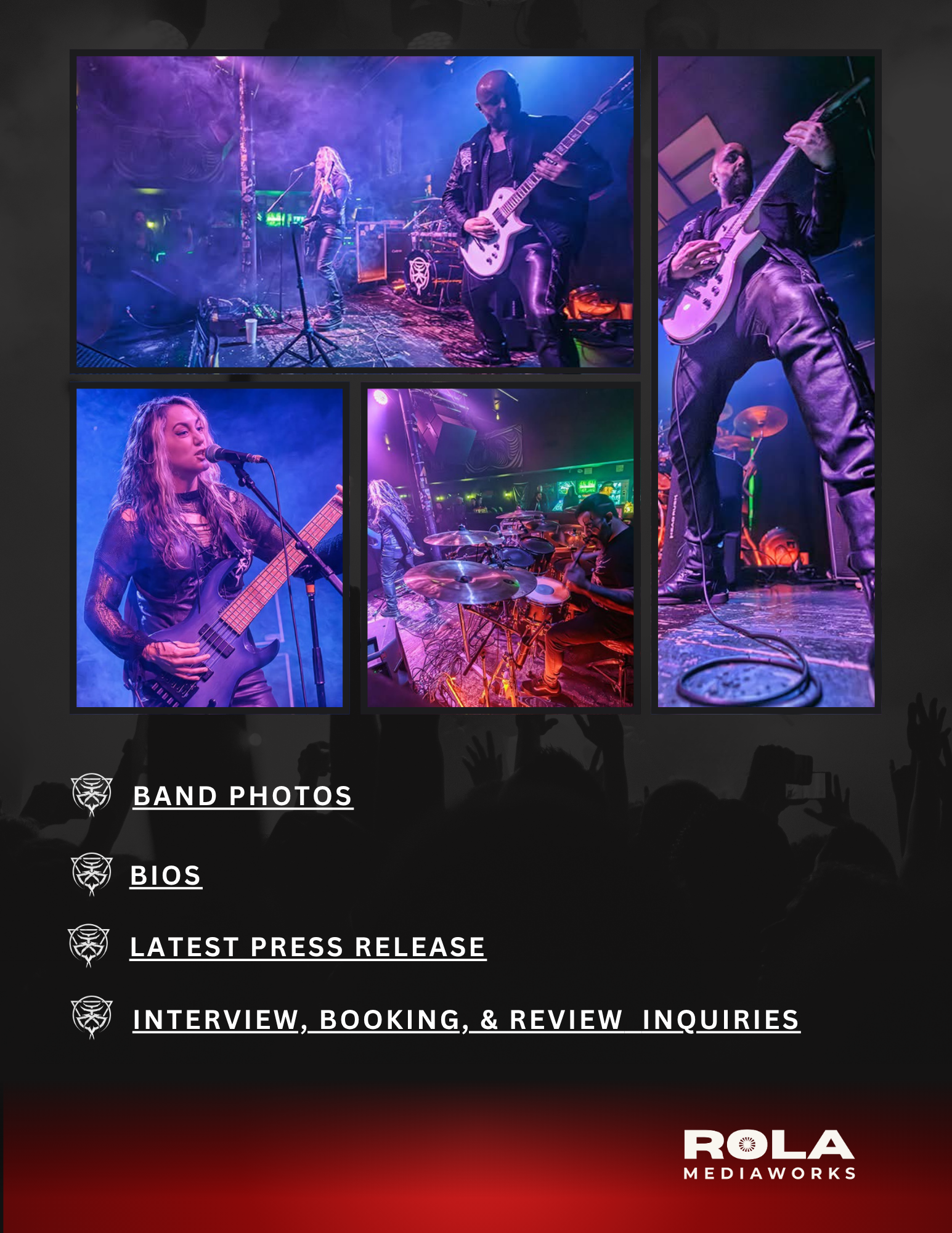 Pitch deck design for metal band Nocteris made by ROLA Mediaworks featuring live performance photos