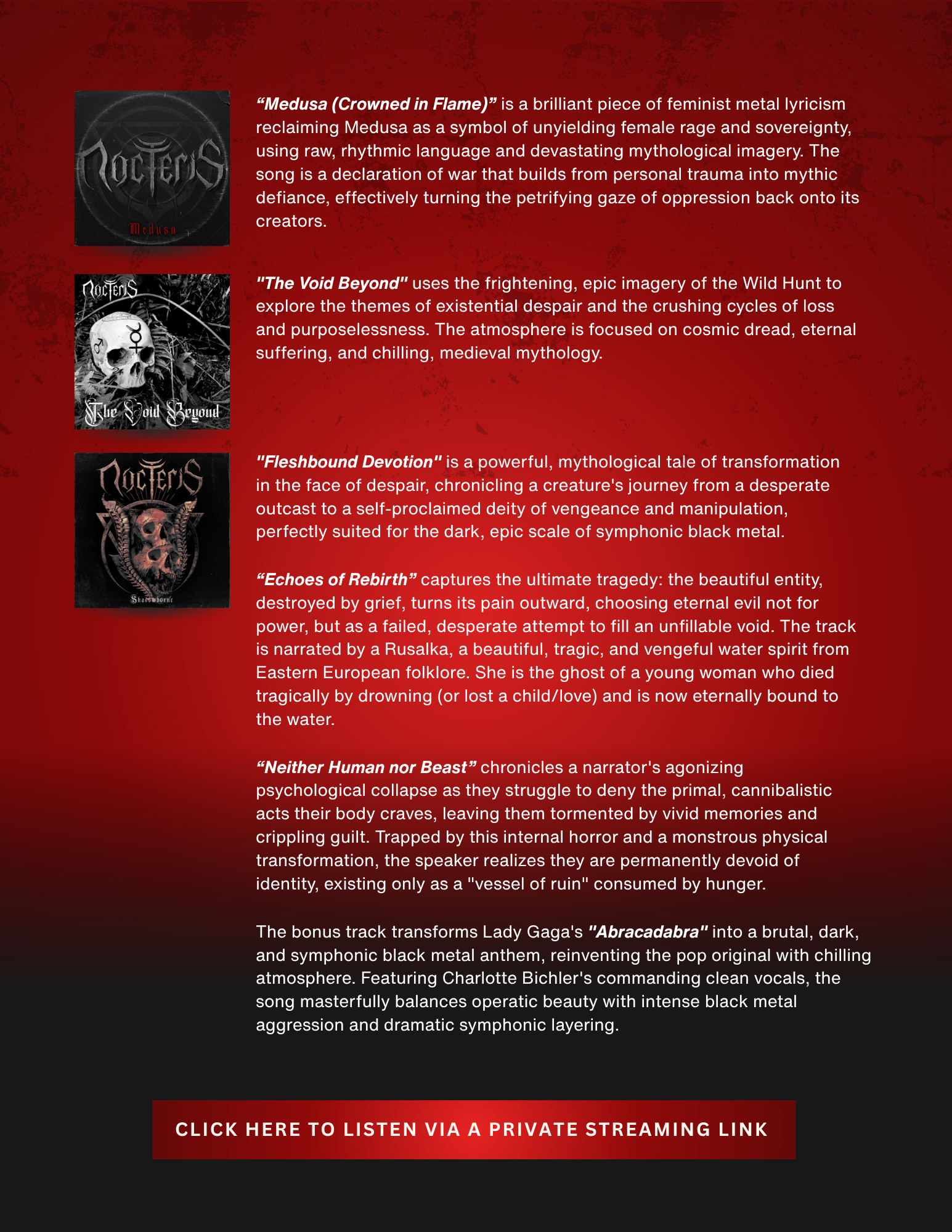 press kit design with album descriptions and media copy for metal band Nocteris
