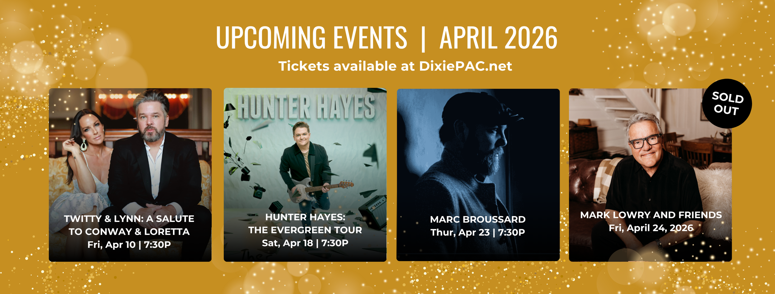 event marketing banner design promoting upcoming April 2026 concerts at Dixie PAC