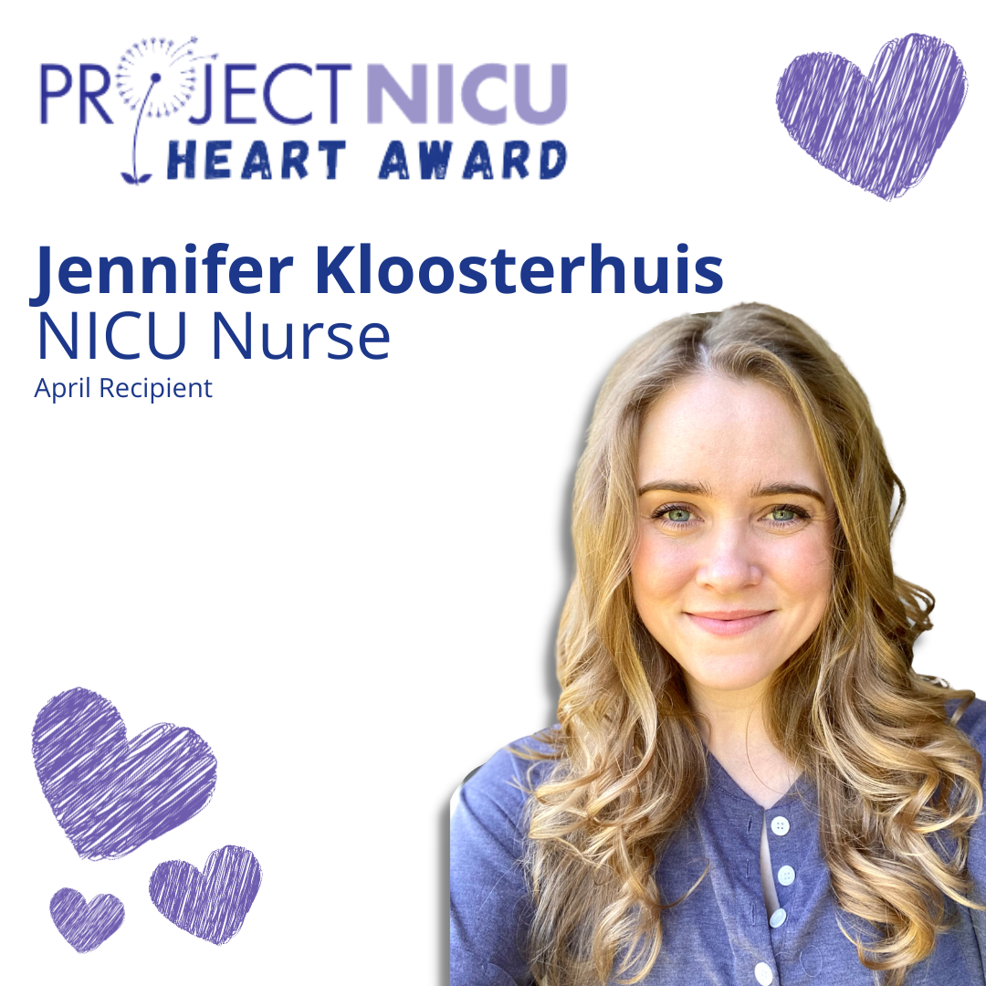 Certificate of appreciation for Jennifer Kloosterhuis, a NICU nurse, with a photo of her smiling and decorative purple hearts.