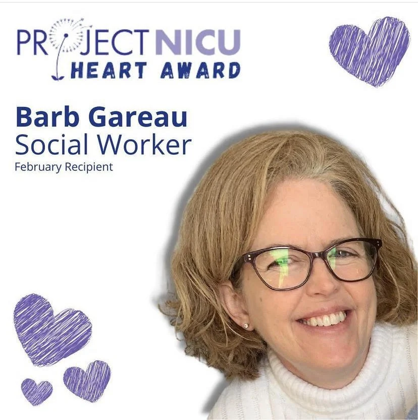 Certificate for Barb Gareau as February recipient of Project NICU Heart Award, featuring purple hearts and a smiling portrait of Barb Gareau wearing glasses.