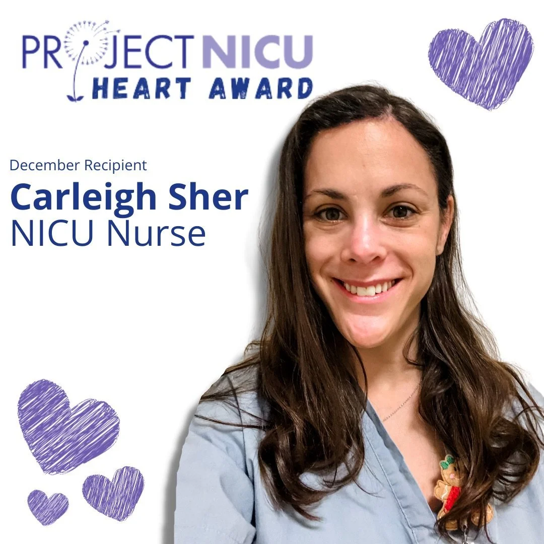 A woman with long brown hair smiling, wearing a light blue nurse uniform, holding a gingerbread man pin, against a white background with purple hearts and text that says 'Project NICU Heart Award, December Recipient Carleigh Sher NICU Nurse'.