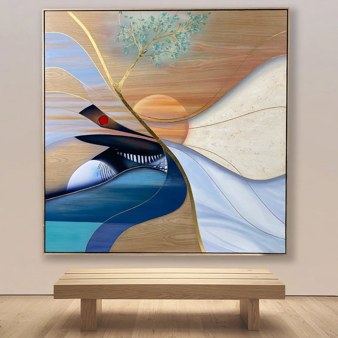 Abstract painting featuring a stylized landscape with a tree, river, and sunset using flowing lines and soft colors, displayed on a gallery wall with a wooden bench below.