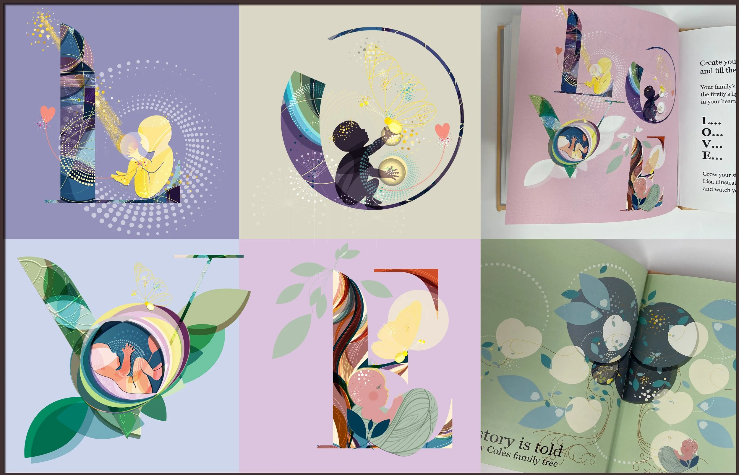 Open Your Eyes Baby Cole storybook with illustrated firefly and gold lettering on craft paper letters and family tree