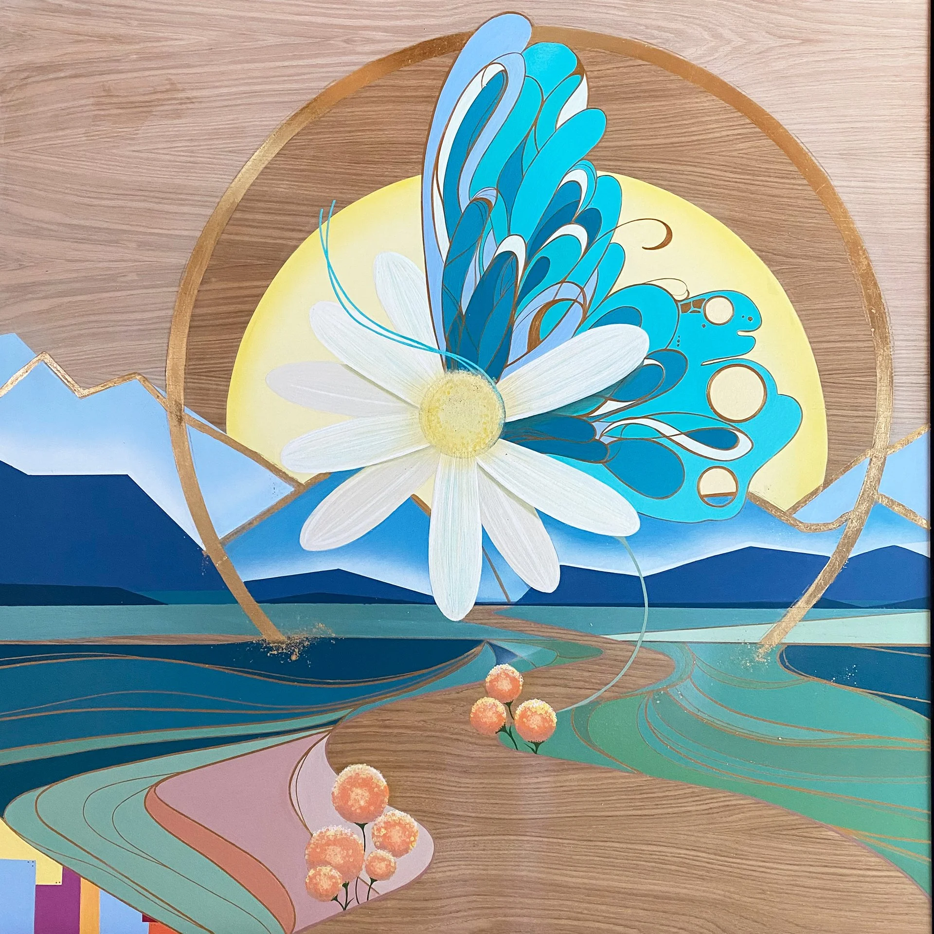 Hand-painted story art on natural wood with 24k gold leaf — Lisa Jane Design commission