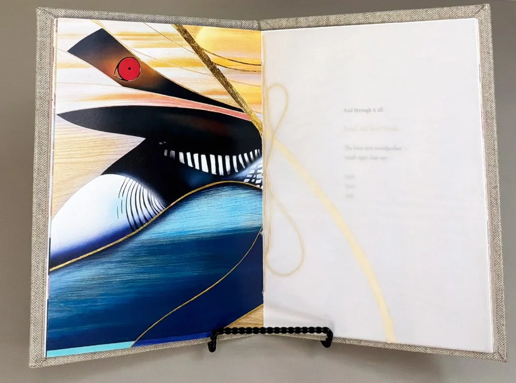 Open book with an abstract art illustration on the left page featuring a geometric design with black, red, white, and blue colors, and a blank right page with faint text.