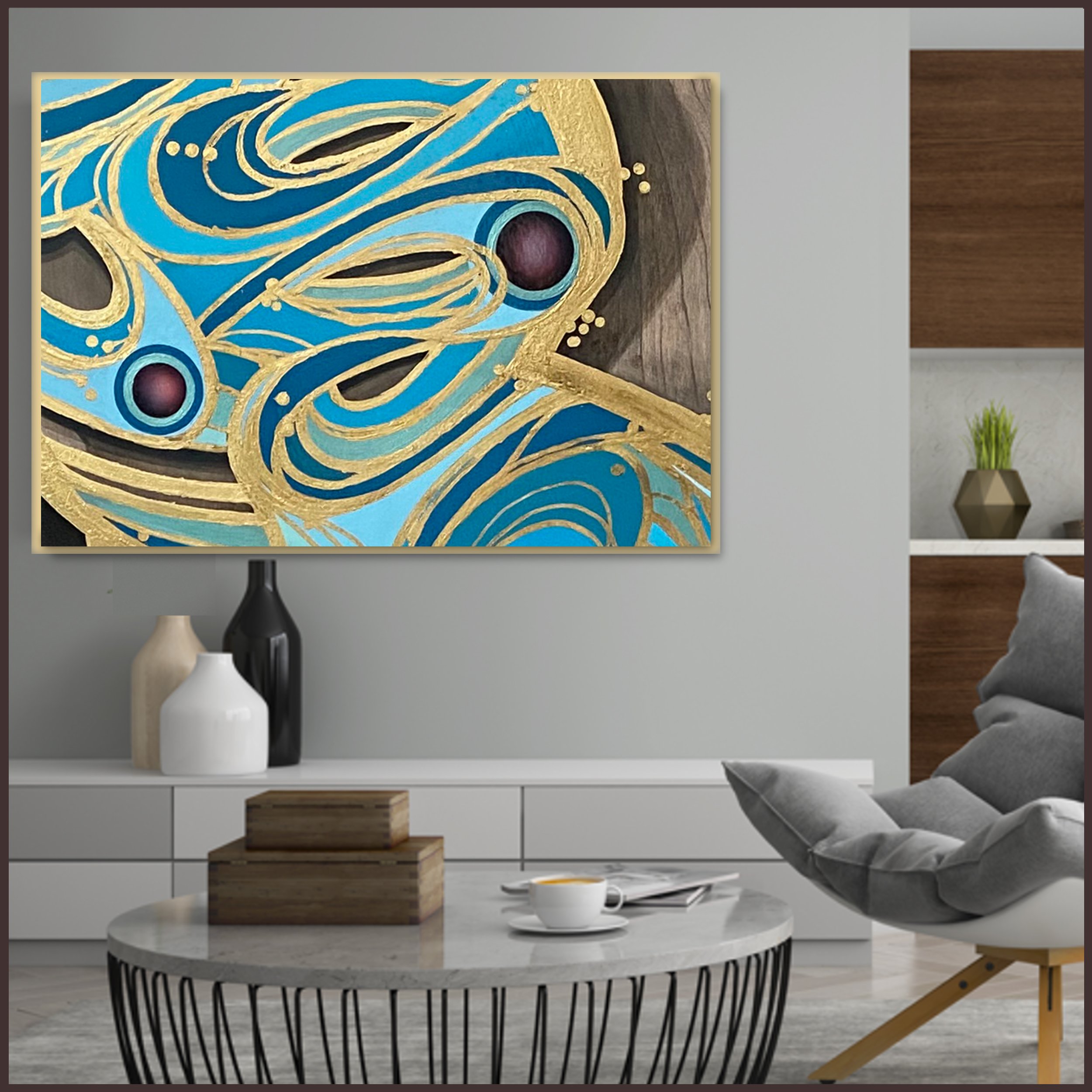 Abstract close up Hand-painted butterfly wing legacy art on wood with gold leaf hanging in a living room